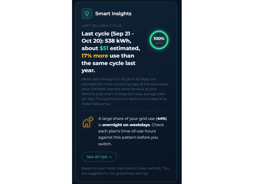 Smart Insights card showing a last billing cycle recap with kWh, an estimated bill, and a usage comparison with the same cycle last year, plus an overnight usage tip